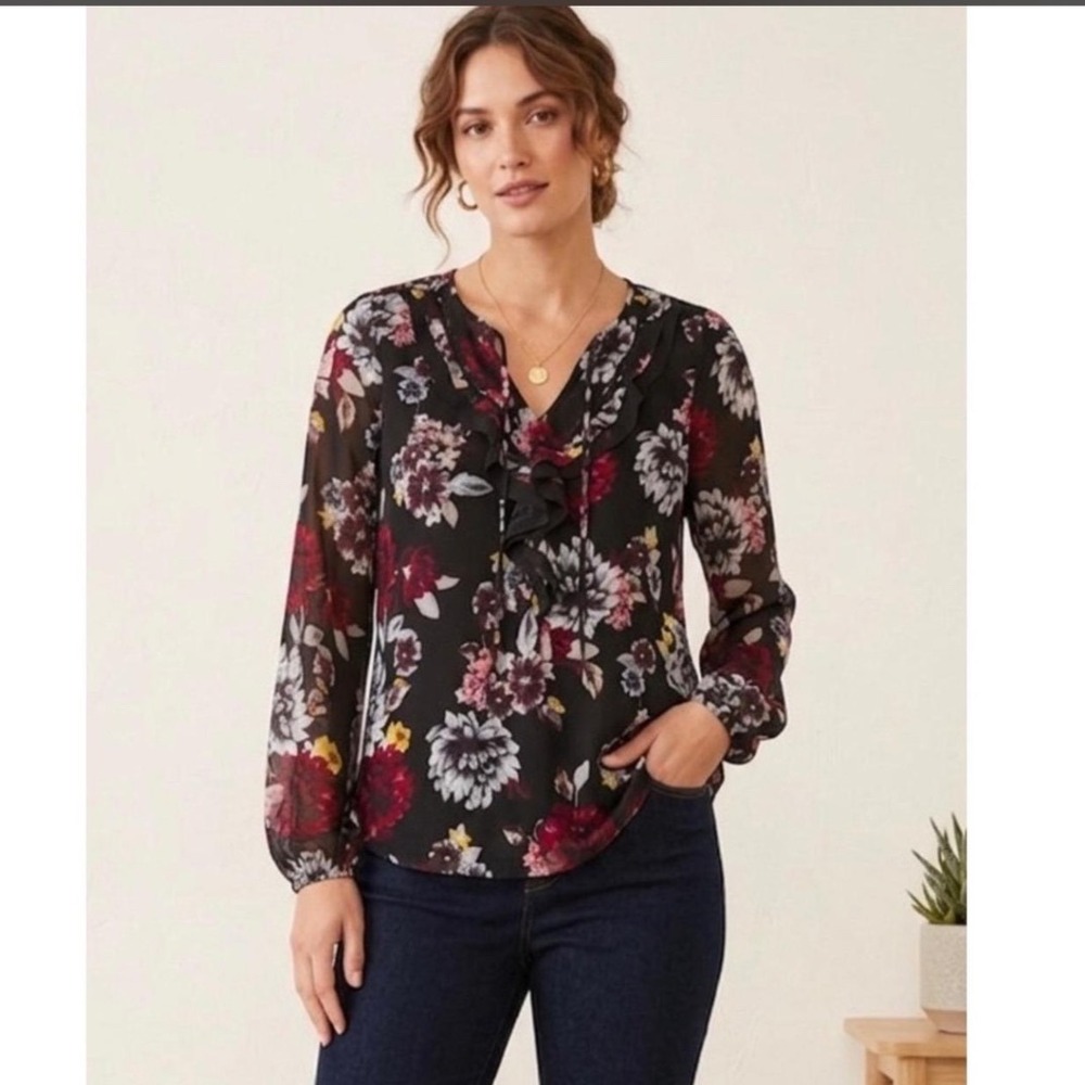 White House Black Market Floral Mesh Ruffle Tie Neck Blouse Black Burgundy Small - Picture 2 of 8